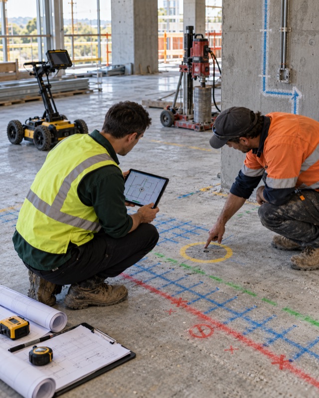 BWize-style site coordination reviewing scan marks, a proposed core location and work plans